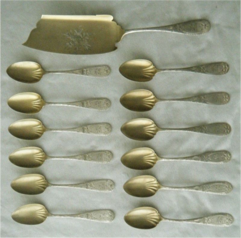 Frank Smith Bright Cut Sterling Silver Ice Cream Knife &amp; 12 Spoons