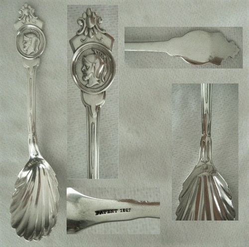 Philo B. Gilbert, NYC, "Medallion" Shell Bowl Coin Silver Sugar Spoon