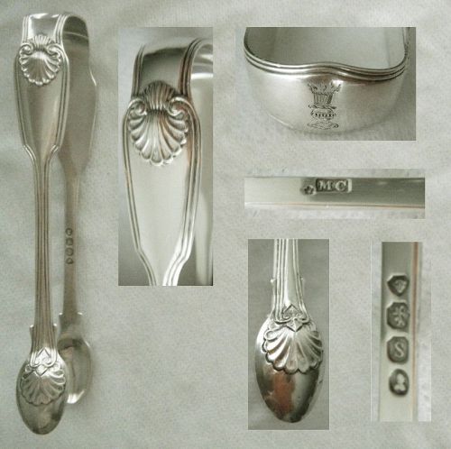 Mary Chawner, London 1833, Crested Sterling Silver "Shell" Tongs