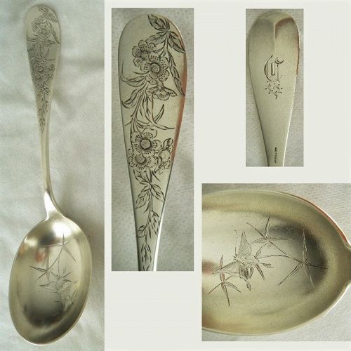 Aesthetic Engraved Butterfly & Flower Sterling Silver Berry Spoon