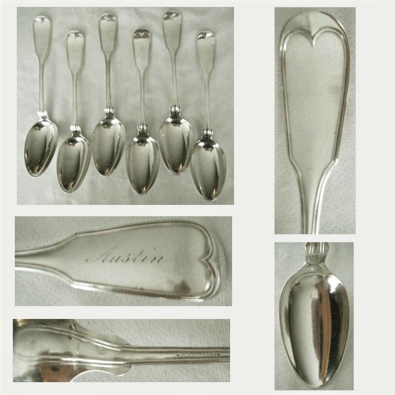 Shreve &amp; Co. San Francisco &quot;French Thread&quot; 6 Coin Silver Place Spoons