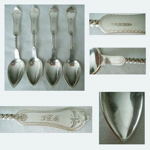 Duhme, Cincinnati, Twist Handle Engraved Four Coin Silver Place Spoons