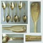 Set Six French "Thread" 950 Silver Standard Gold Washed Teaspoons