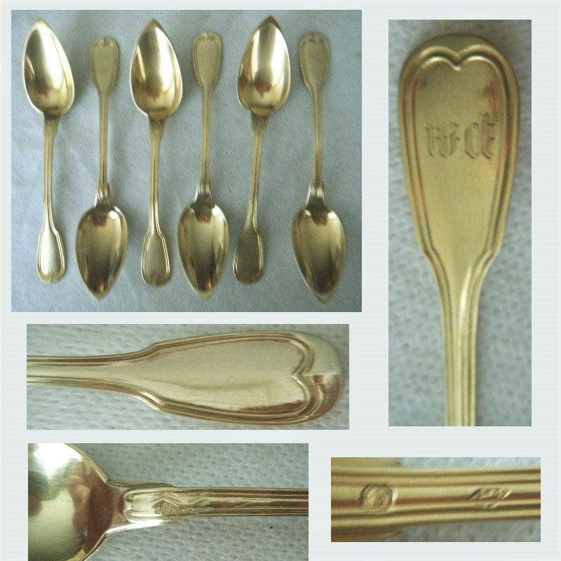 Set Six French &quot;Thread&quot; 950 Silver Standard Gold Washed Teaspoons