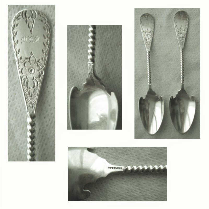 Pair Twist Handle Engraved Sterling Silver Ice Cream Spoons