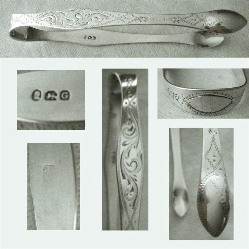 Peter, Ann &amp; William Bateman 1802 Engraved Sterling Silver Tongs