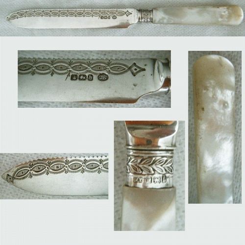 English Sterling Serrated Blade Mother of Pearl Handle Fruit Knife