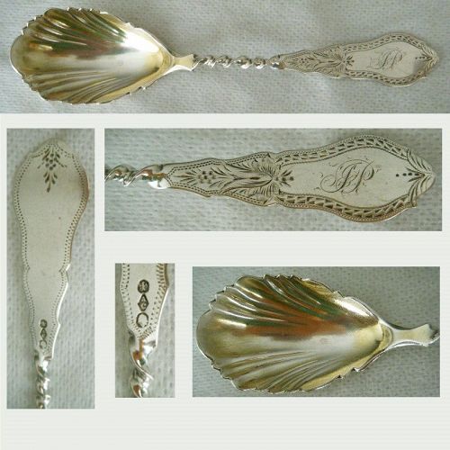 Albert Coles Twist Handle Engraved Coin Silver Preserve Spoon
