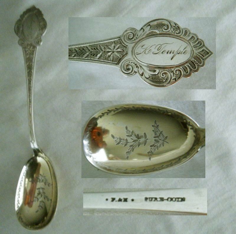 Farrington &amp; Hunnewell Fancy Engraved Pure Coin Silver Preserve Spoon