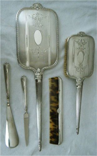 International Estate Art Deco Sterling Silver Five Piece Vanity Set