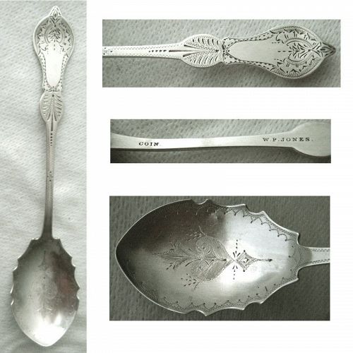 W. P. Jones, Newburyport MA, Engraved Coin Silver Sugar or Jelly Spoon