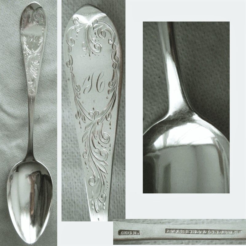 Twambley &amp; Cleaves 'Tipt Engraved' Coin Silver Table Serving Spoon x 2