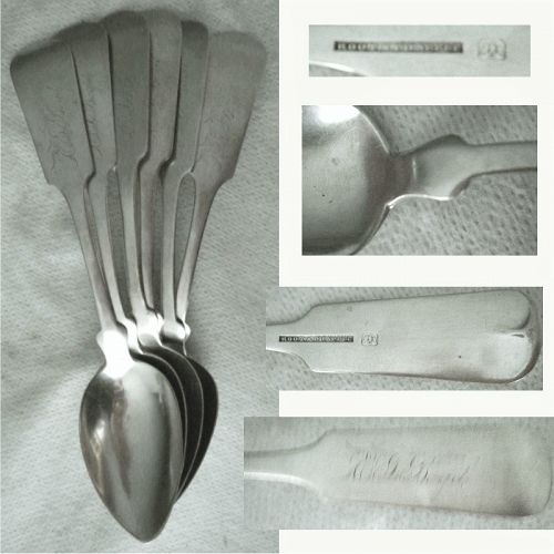 Set Six  Root & Chaffee 'Reverse Tipt' c. 1840 Coin Silver Teaspoons