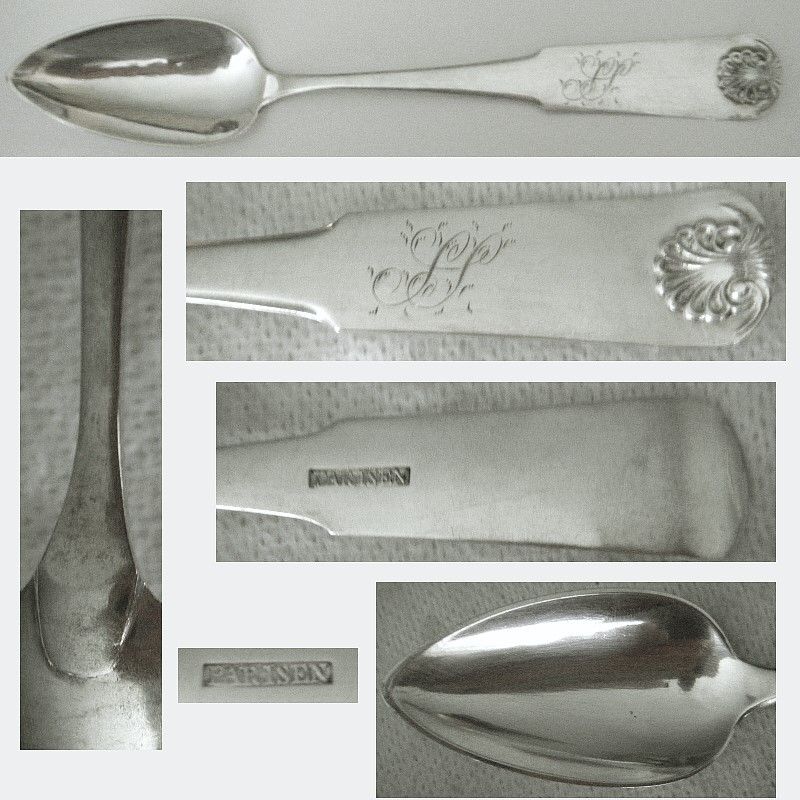 Parisen, NYC , c.1800 'Fiddle Shell' Coin Silver Place Spoon x 5