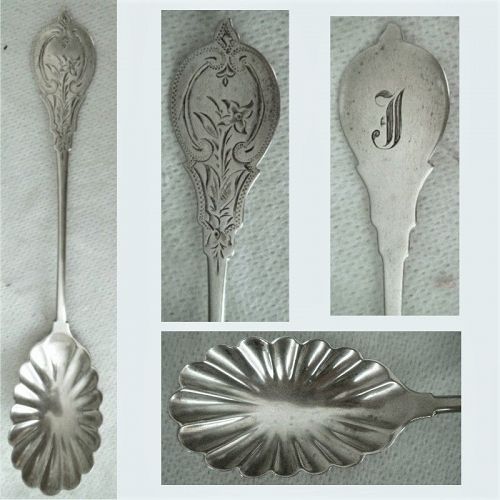 Circa 1860 Floral Engraved Coin Silver Jelly Spoon with Fluted Bowl