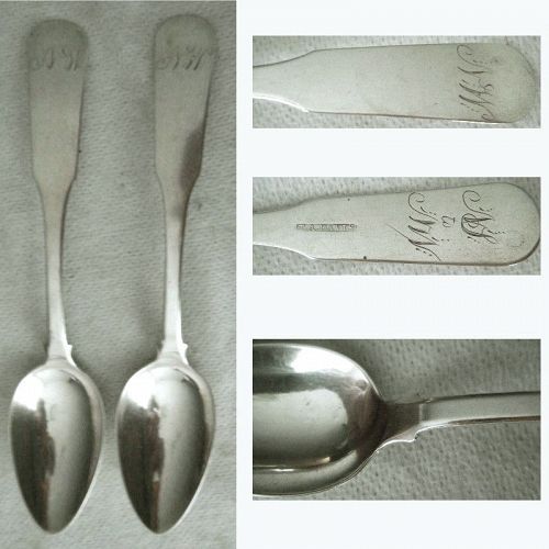 Pair T.A. Davis, Boston circa 1825, Long Coin Silver Teaspoons