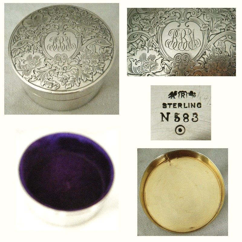 Reed &amp; Barton Etched Floral Round Sterling Silver Box with Velvet