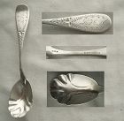 Harry Raynes, Lowell MA, Unusual Bowl Engraved Coin Silver Sugar Spoon