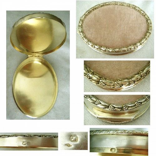 French First Standard Silver Oval Box with 'Leaf & Berry' Frame Lid