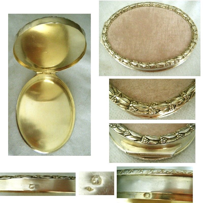 French First Standard Silver Oval Box with 'Leaf &amp; Berry' Frame Lid