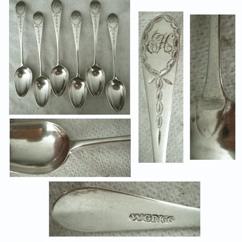 Six Matched William Grigg, NYC, 18th C. Bright Cut Teaspoons