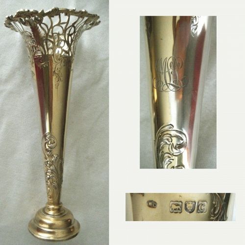 Comyns, London 1898 Sterling Silver Tall Chased & Reticulated Vase