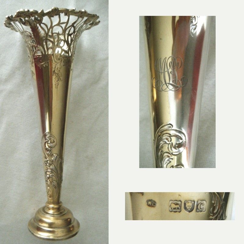 Comyns, London 1898 Sterling Silver Tall Chased &amp; Reticulated Vase