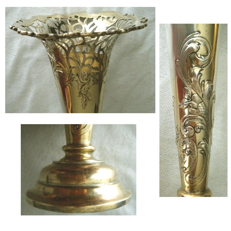 Comyns, London 1898 Sterling Silver Tall Chased &amp; Reticulated Vase