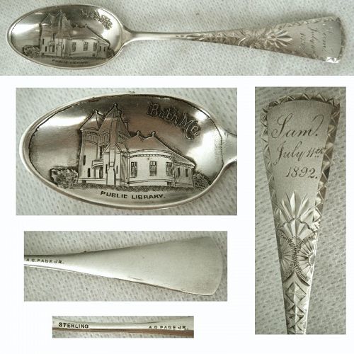 'Bath, Maine Public Library' 1892 Sterling Silver Souvenir Spoon