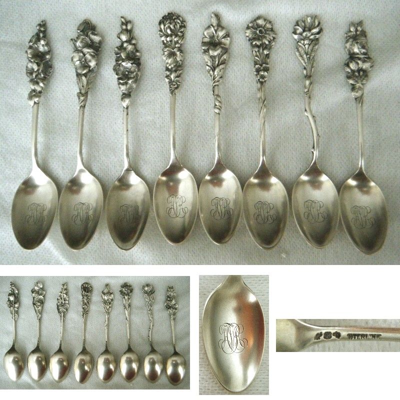 Set 8 Old Reed &amp; Barton 'Harlequin' Sterling Silver 5 O'Clock Spoons