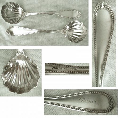 Pair Jones, Ball & Co. 1852 'Bead' Shell Bowl Coin Silver Sauce Ladles