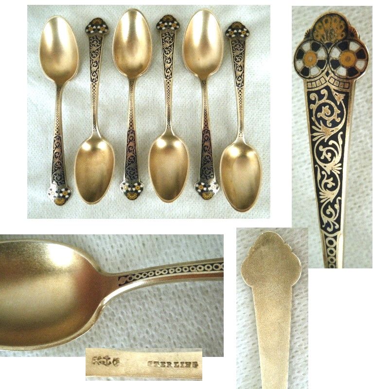 Gorham Six Rare Blue &amp; Gold Enamel Sterling Silver Coffee Spoons