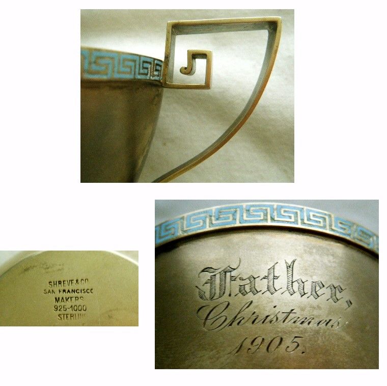 Shreve, SF, 'Greek Key' 'Father' Sterling &amp; Enamel 1905 Christmas Cup