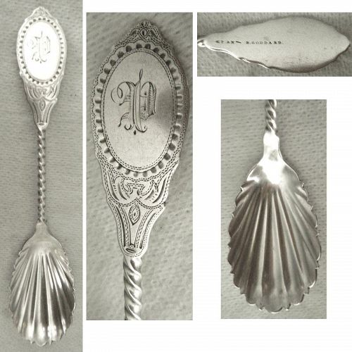 F&H for B. Goddard Twist Stem Engraved Handle Coin Silver Sugar Spoon
