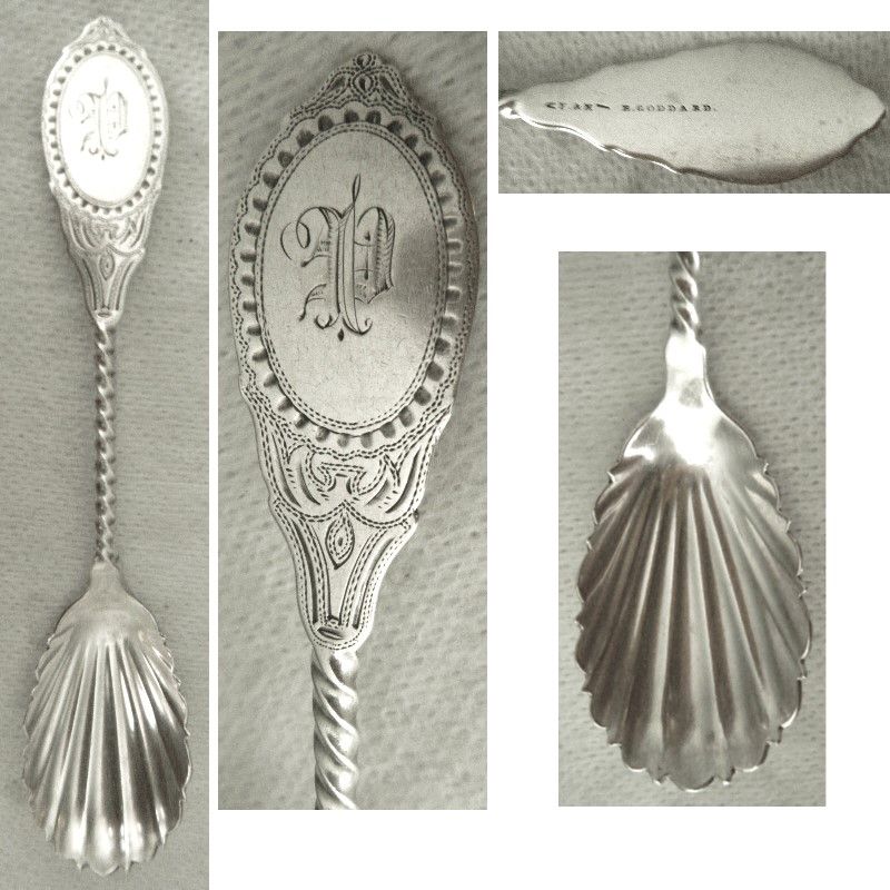 F&amp;H for B. Goddard Twist Stem Engraved Handle Coin Silver Sugar Spoon