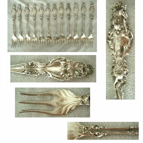 Whiting 'Lily' 12 Matching Old Sterling Silver Oyster Cocktail Forks