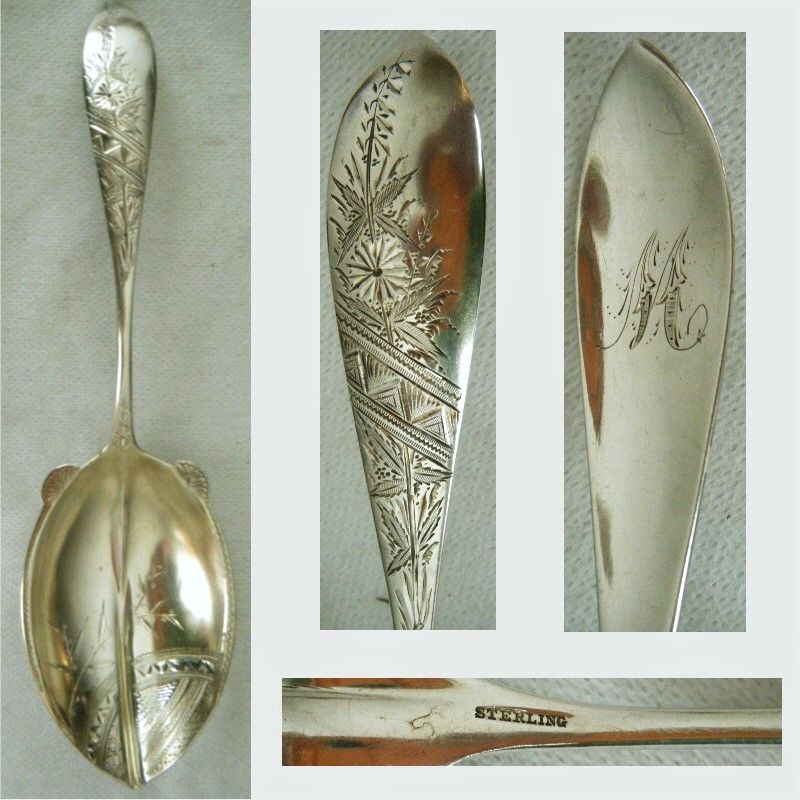 Aesthetic 'Leaf &amp; Floral' Large Engraved Sterling Silver Serving Spoon
