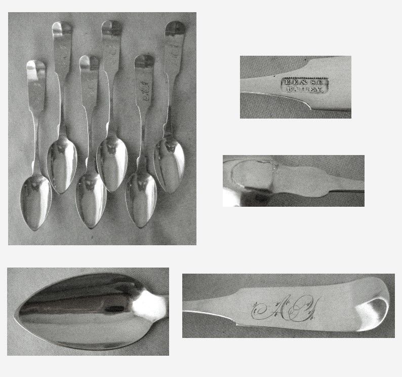 EE &amp; SC Bailey, Claremont NH, 6 'Fiddle Tipt' Coin Silver Teaspoons
