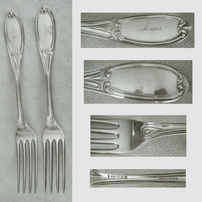 I. Speer, Chicago, 'Tuscan' Two Coin Silver Place Forks Engr'd 'Jones'