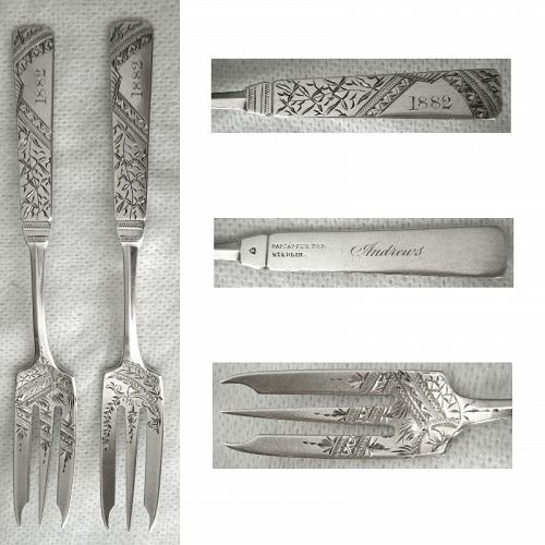 Seymour 'Square Handle Engraved' 1882 Pair Sterling Silver Fruit Forks