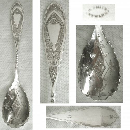 R. Smith, Newark NJ, Twist Handle Engraved Coin Silver Preserve Spoon