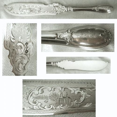 Vancourt, NYC, 'Louis XIV' Coin Silver Cake Saw with Engr'd. Blade