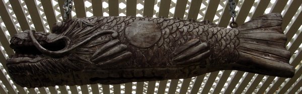 Giant Japanese Good Luck Carved Wood Koi Sculpture Bell
