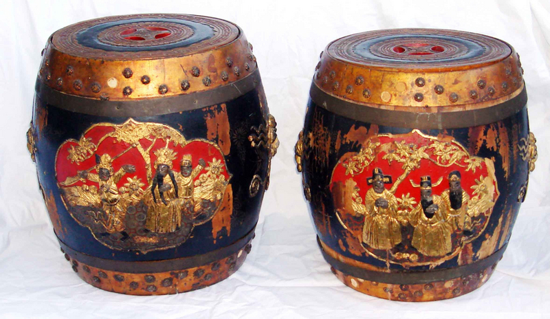 Two Antique Carved Chinese Barrel Tables