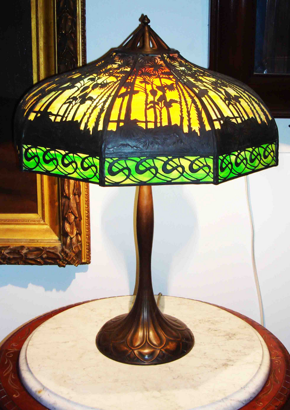 Antique Signed Handel Palm Lamp