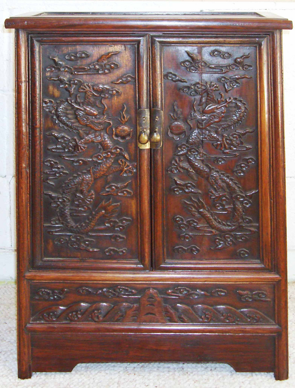 Antique Chinese 5 Claw Dragon Rosewood Carved Cabinet