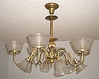 Large Brass and Etched Glass Chandelier