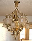 Large Ornate Brass and Etched Glass Chandelier