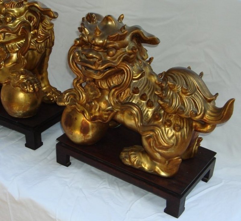 Antique Chinese Gilt Porcelain Foo Dogs Pair