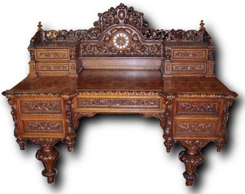 19th C. Antique Grand French Marquetry Desk with Clock